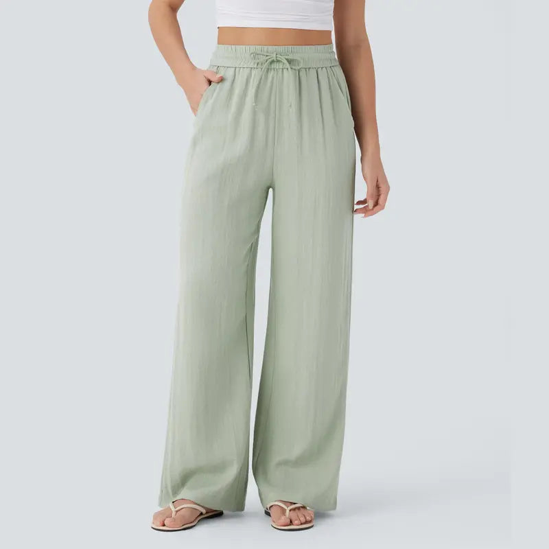 Viora Wide Leg Linen-Feel Pants with Pockets