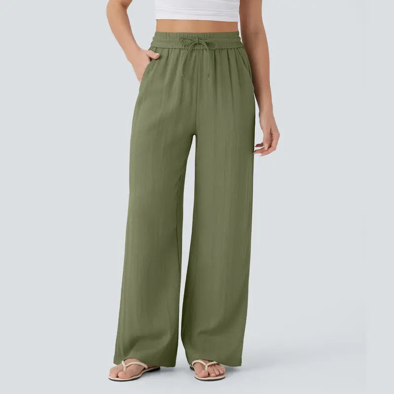 Viora Wide Leg Linen-Feel Pants with Pockets