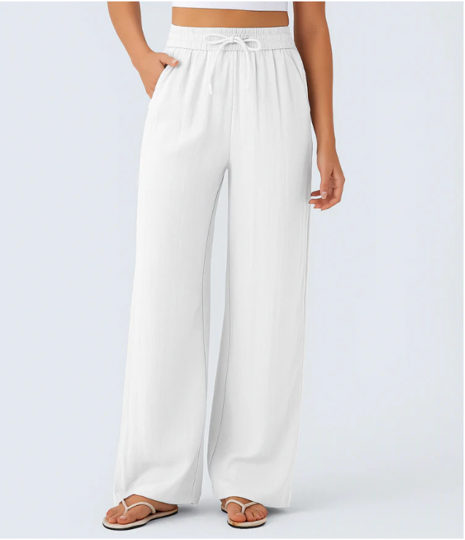 Viora Wide Leg Linen-Feel Pants with Pockets
