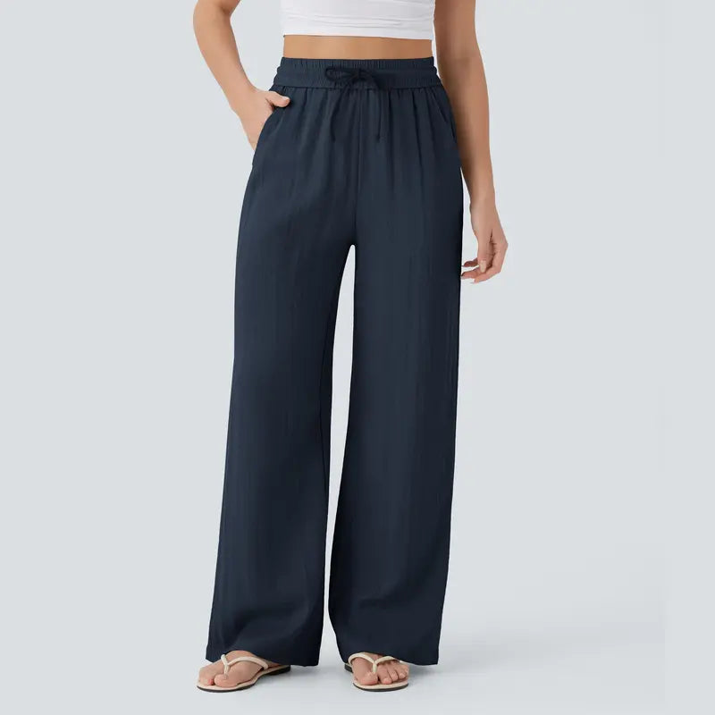 Viora Wide Leg Linen-Feel Pants with Pockets